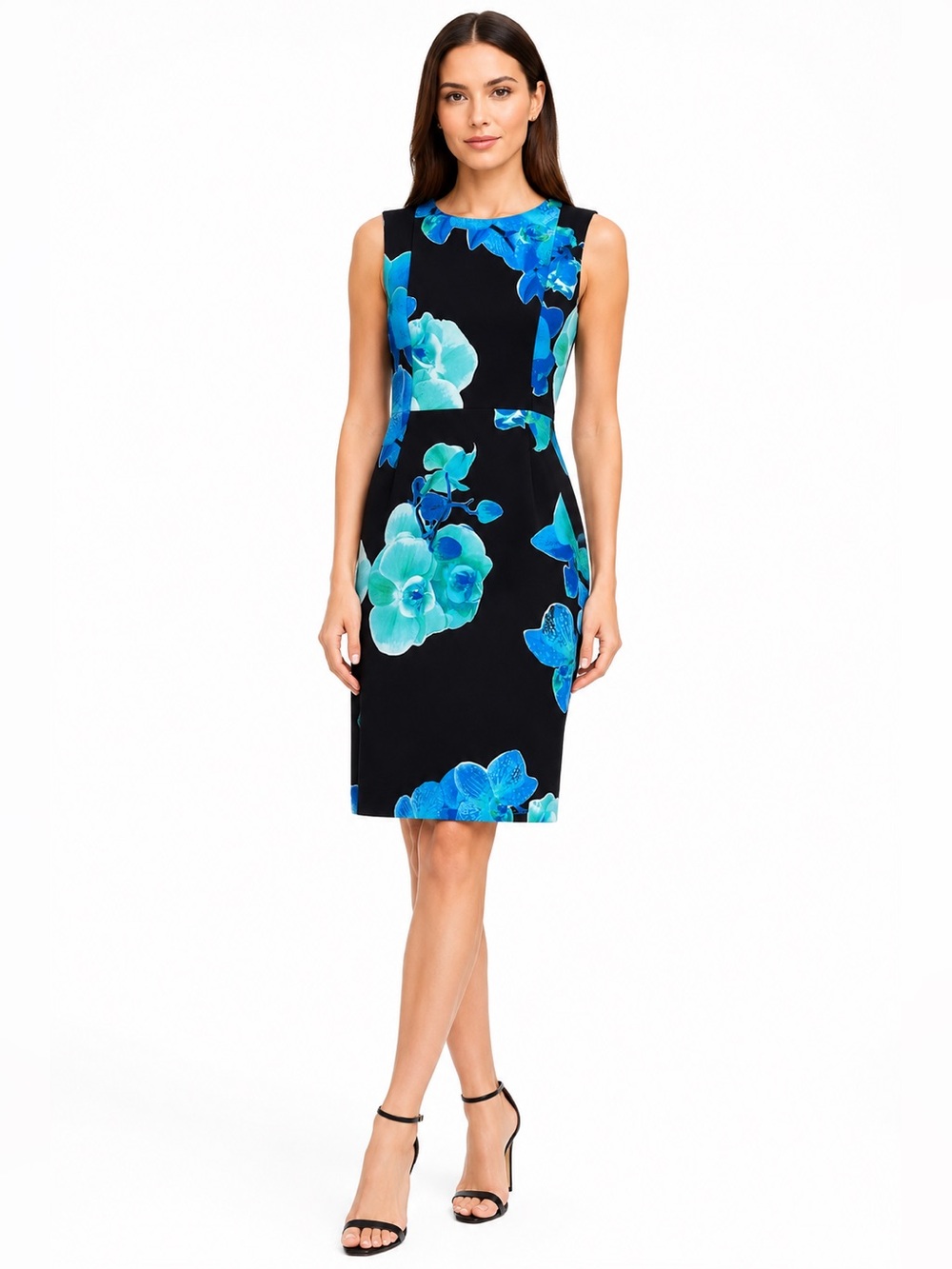 Calvin Klein Blue Orchid Floral Scuba Sheath Dress Black Sleeveless Size 8